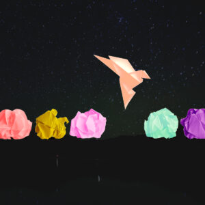 new creative business. image shows five crumpled multi-colored papers, and one origami bird paper rising above.