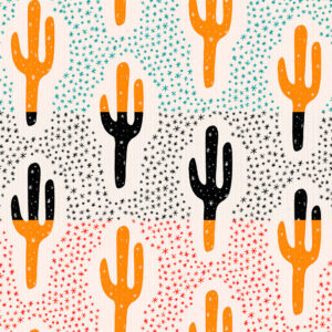 image shows a repeating pattern of black and yellow cactus against a starry background.