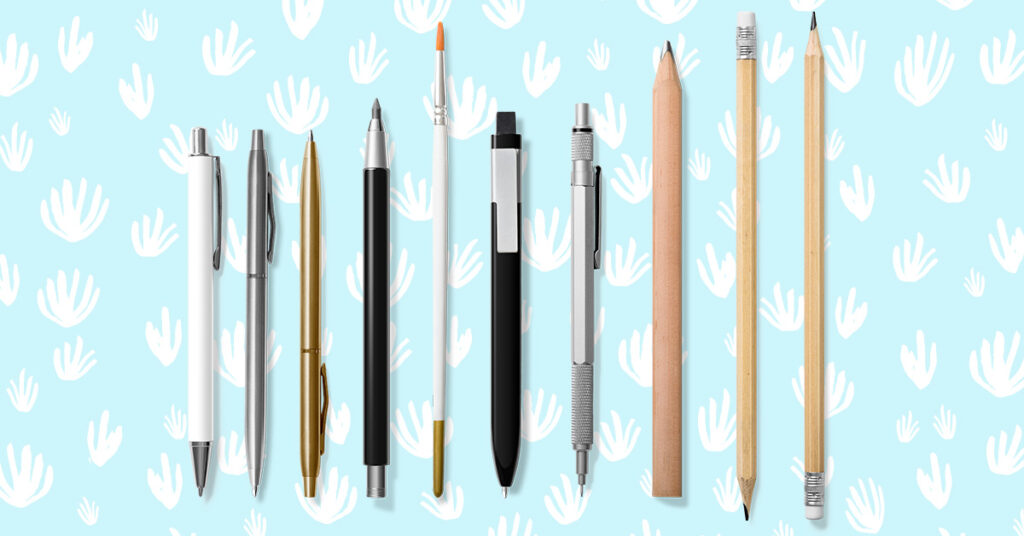 gifts for graphic designers: pens and pencils. Image depicts a line up of pens and pencils on a blue background