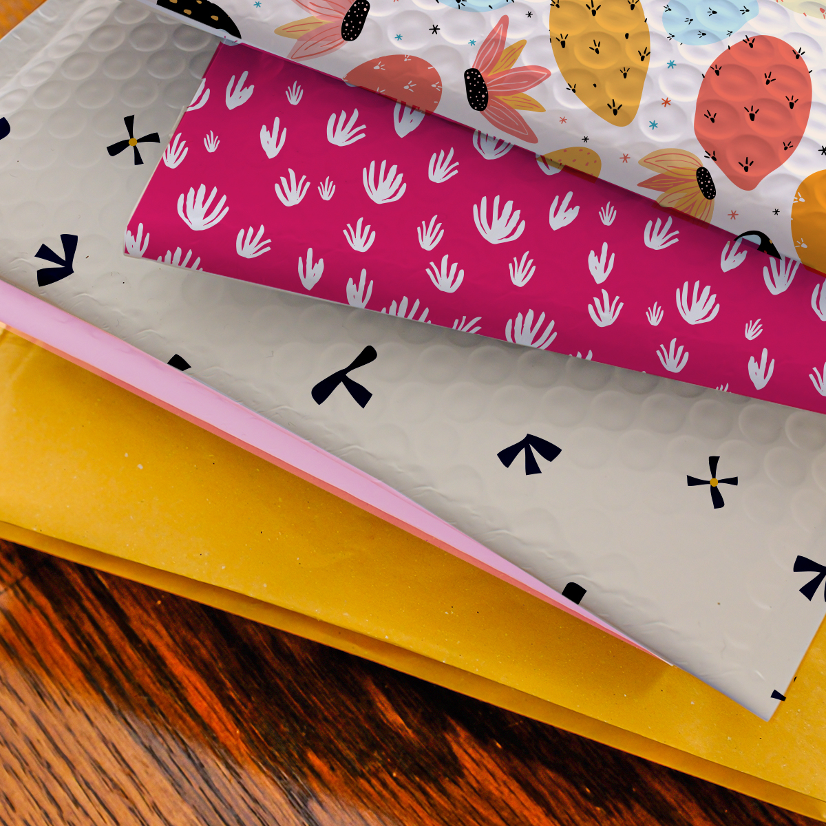small business packaging. image shows a stack of patterned bubble mailer envelopes.