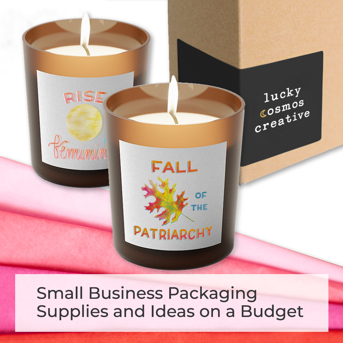 small business packaging ideas on a budget. image shows two candles and a brown box with branded labels.