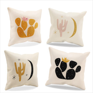 image shows four artist inspired print on demand pillows with cactus, moons and stars. 