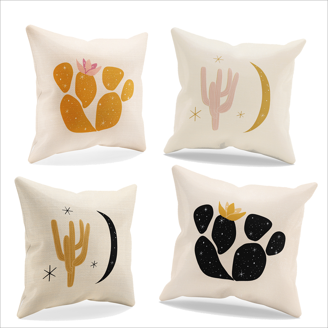 image shows four artist inspired print on demand pillows with cactus, moons and stars.