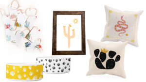 image shows artist inspired gifts - holiday tags, dog bowls, a framed print and two throw pillows with art and patterns printed on each.