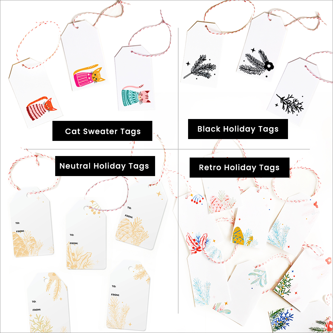 image shows a variety of differently styled holiday tags to demonstrate artist inspired gifts.