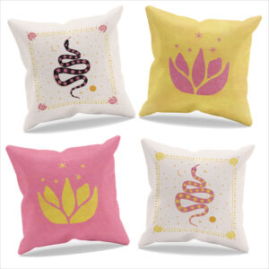 image shows four artist inspired gift pillows created from original art. Two pillows show a snake motif, two pillows show cactus blossoms. All four pillows follow a desert decor theme.