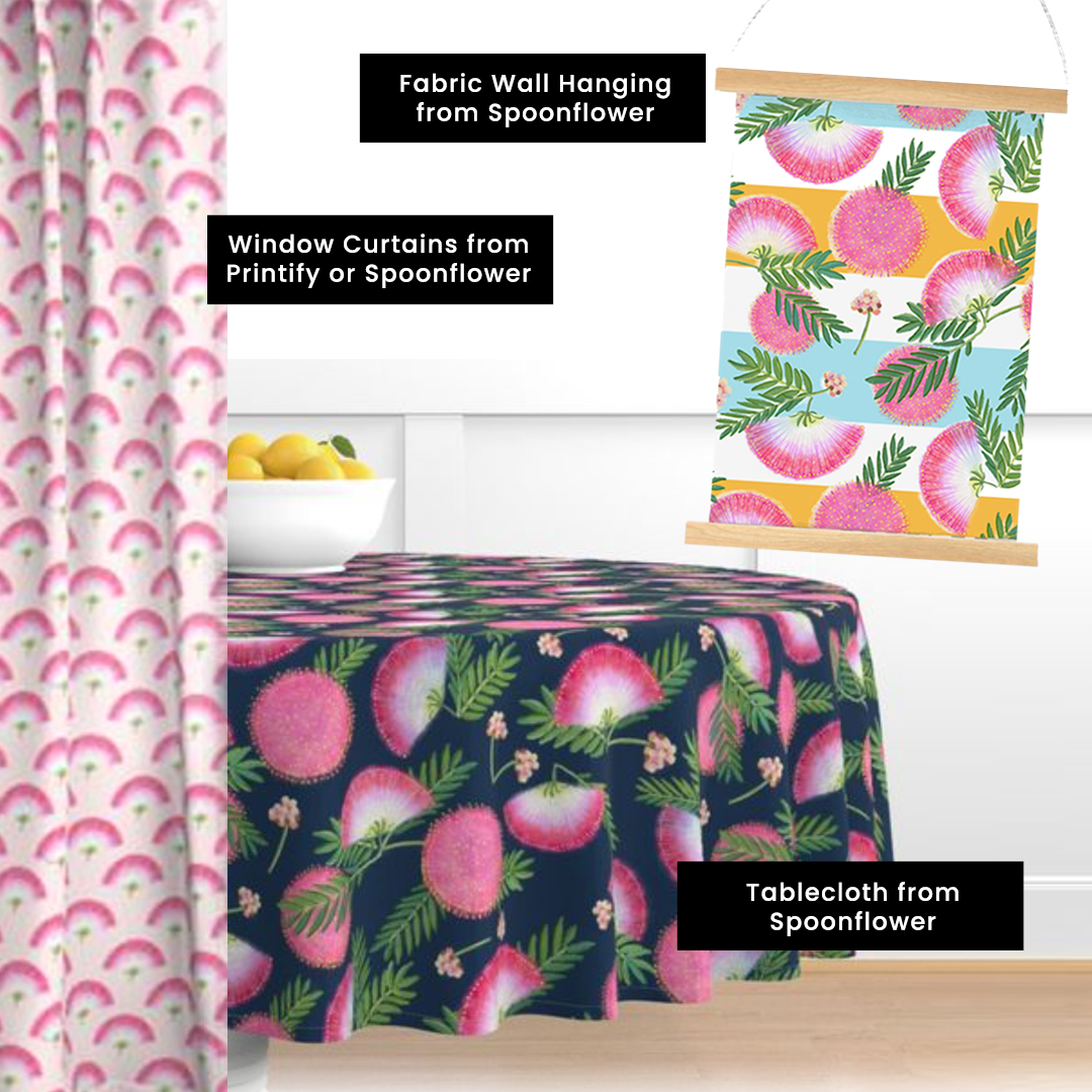 image shows custom home decor fabric products: custom drapes, custom tablecloth and custom wall hanging.
