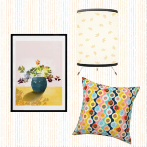 image shows custom home decor printed pieces: a framed wall art print of shamrocks in a pot, a faux linen square throw pillow with ogee pattern and a tripod lamp printed with delicate blossoms.