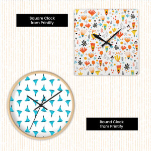 image features a square custom photo wall clock and a round custom photo wall clock featuring graphic designs.