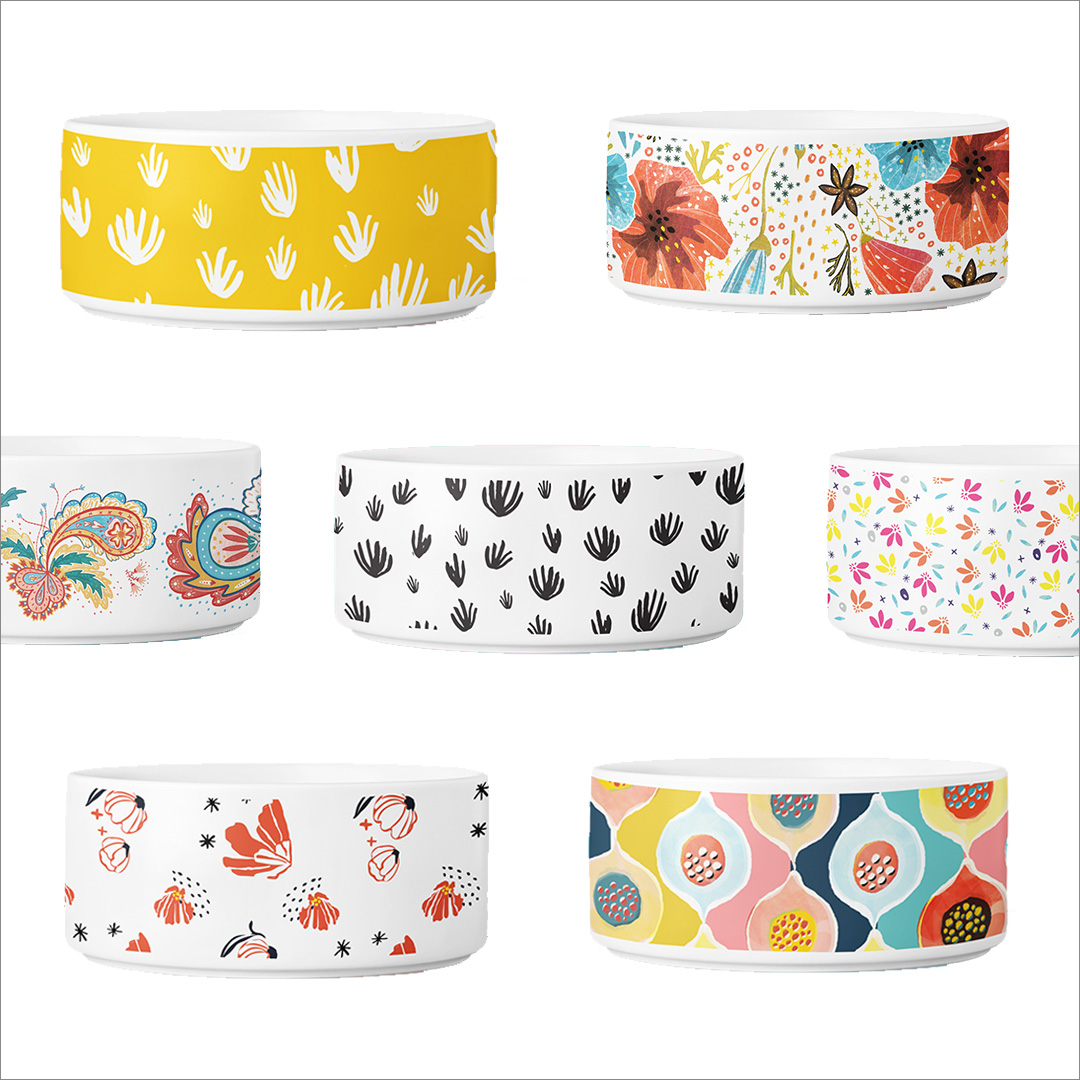 image shows artist inspired gifts for dogs and cats - custom designed dog bowls and cat bowls.