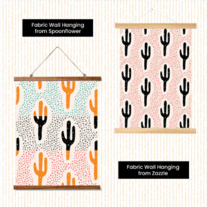 image shows custom fabric wall hangings from Spoonflower and Zazzle.
