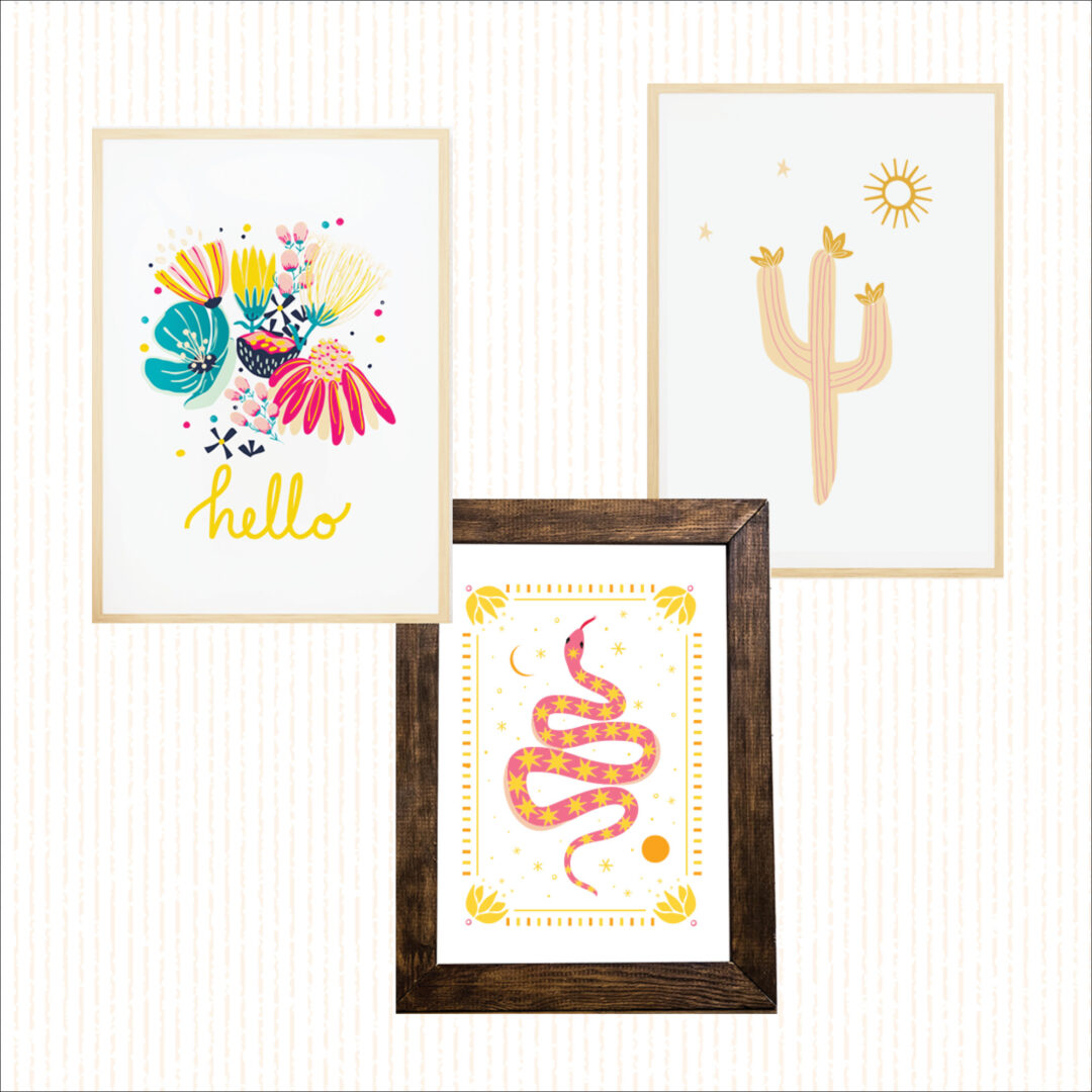 image shows three framed prints to show Artist inspired gifts for friends and family. One print has a brightly illustrated flower bouquet and says "hello" one has a snake, and one has a cactus.
