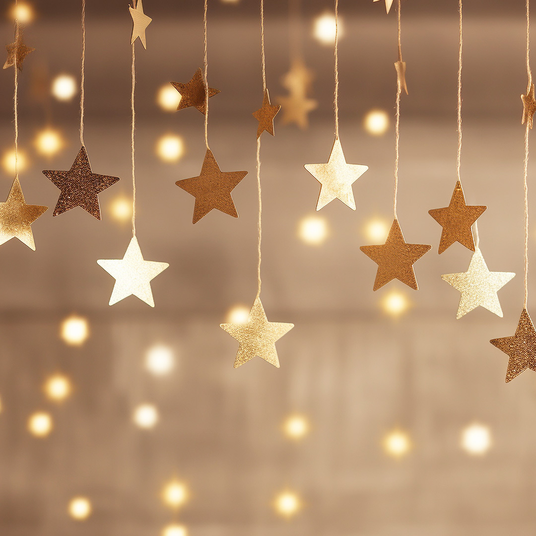 image shows golden stars on strings in a twinkly room.