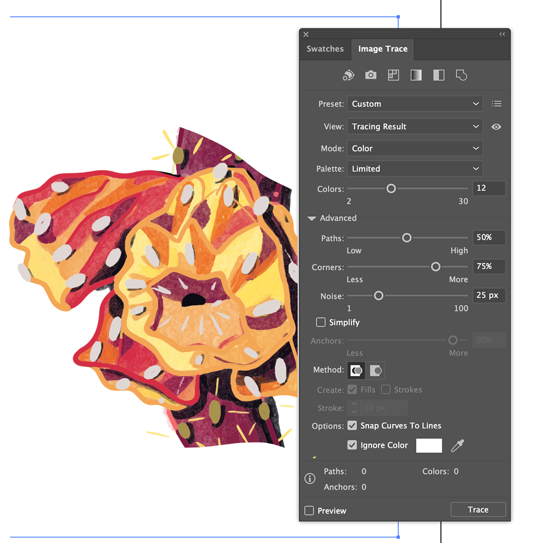 image shows an illustration of a Cholla in Adobe Illustrator with the Image Trace palette open to take the illustration from raster to vector. 