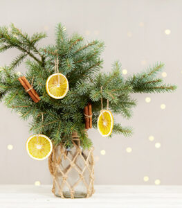 image shows nature inspired art with boughs of spruce and dried oranges with cinnamon sticks hanging from the branches.