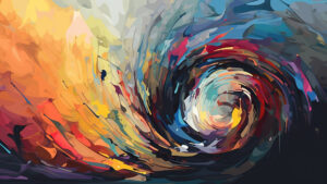 image shows a painting of a tunnel with a dark corner, and colorful light swirls.