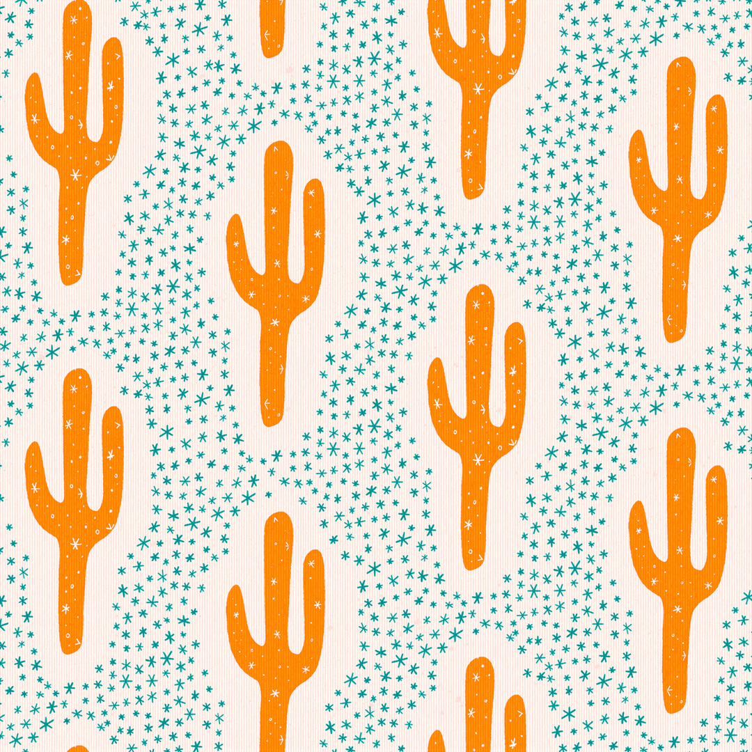 image of a cactus pattern with gold yellow cacti and turquoise stars.