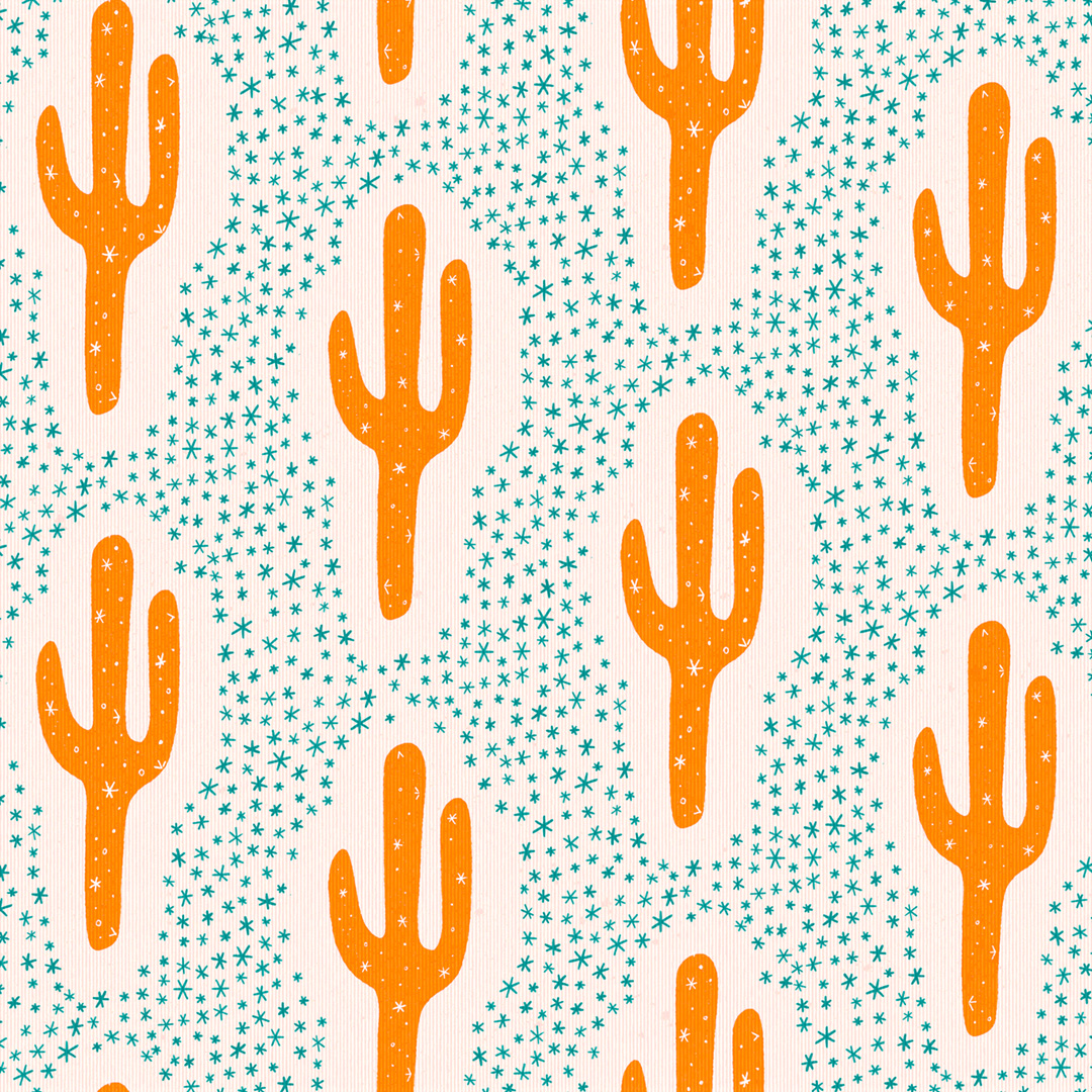 image of a cactus pattern with gold yellow cacti and turquoise stars.