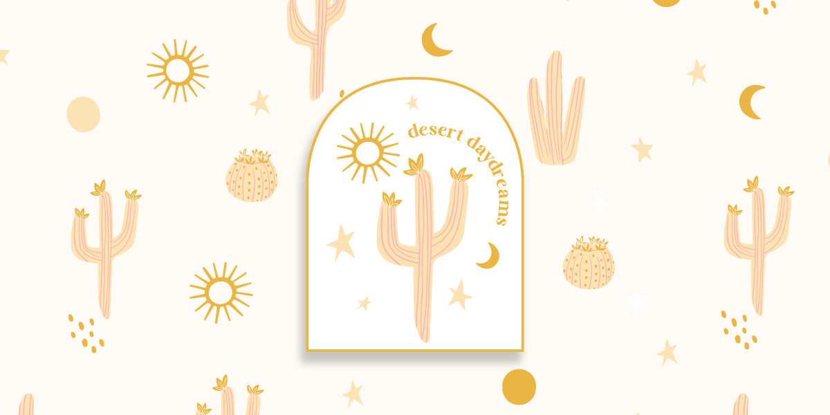 image shows a surface pattern design logo with a cactus repeat seamless repeat pattern.