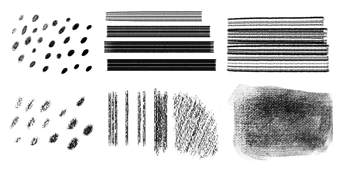 image shows dots, stripes, smudges and artist marks to demonstrate proper mark making techniques. 