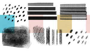 image shows black dots, stripes and smudges demonstrating how artists make marks for patterns.