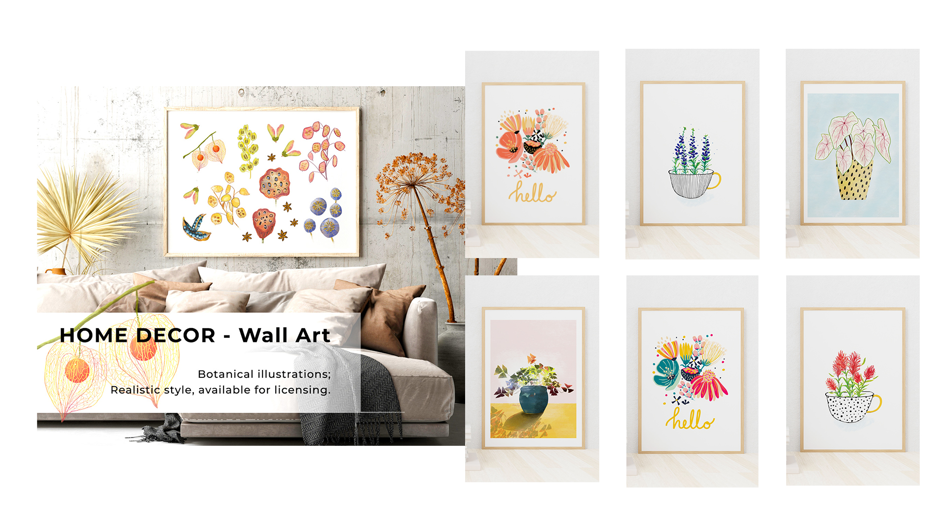 image shows a living room with a large botanical illustration on the wall. On the right side of the image are six additional botanical illustrations in frames.
