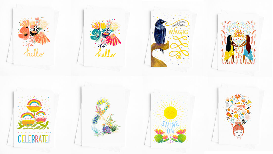 image shows 8 greeting card designs by Alesha Sevy. Creating your own products is as simple as printing your own greeting cards.