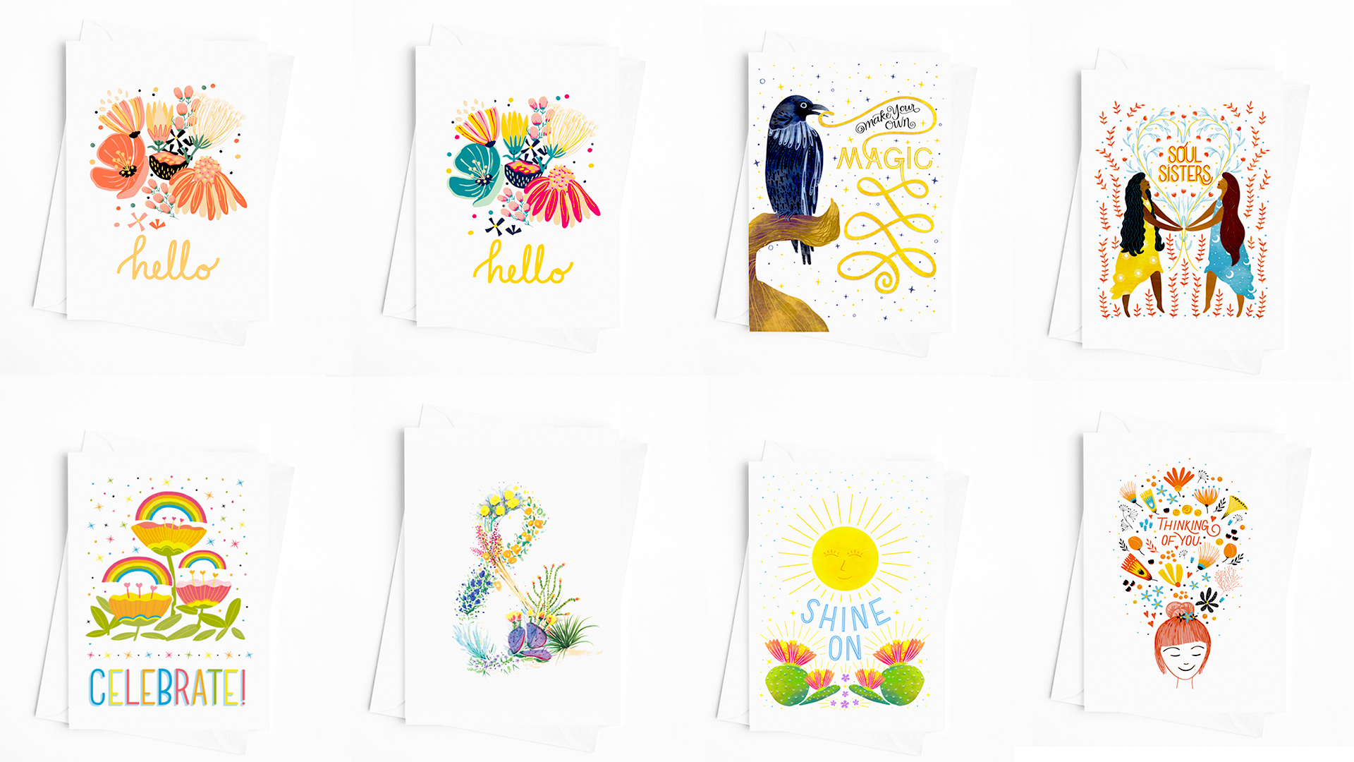 image shows 8 greeting card designs by Alesha Sevy. Creating your own products is as simple as printing your own greeting cards.