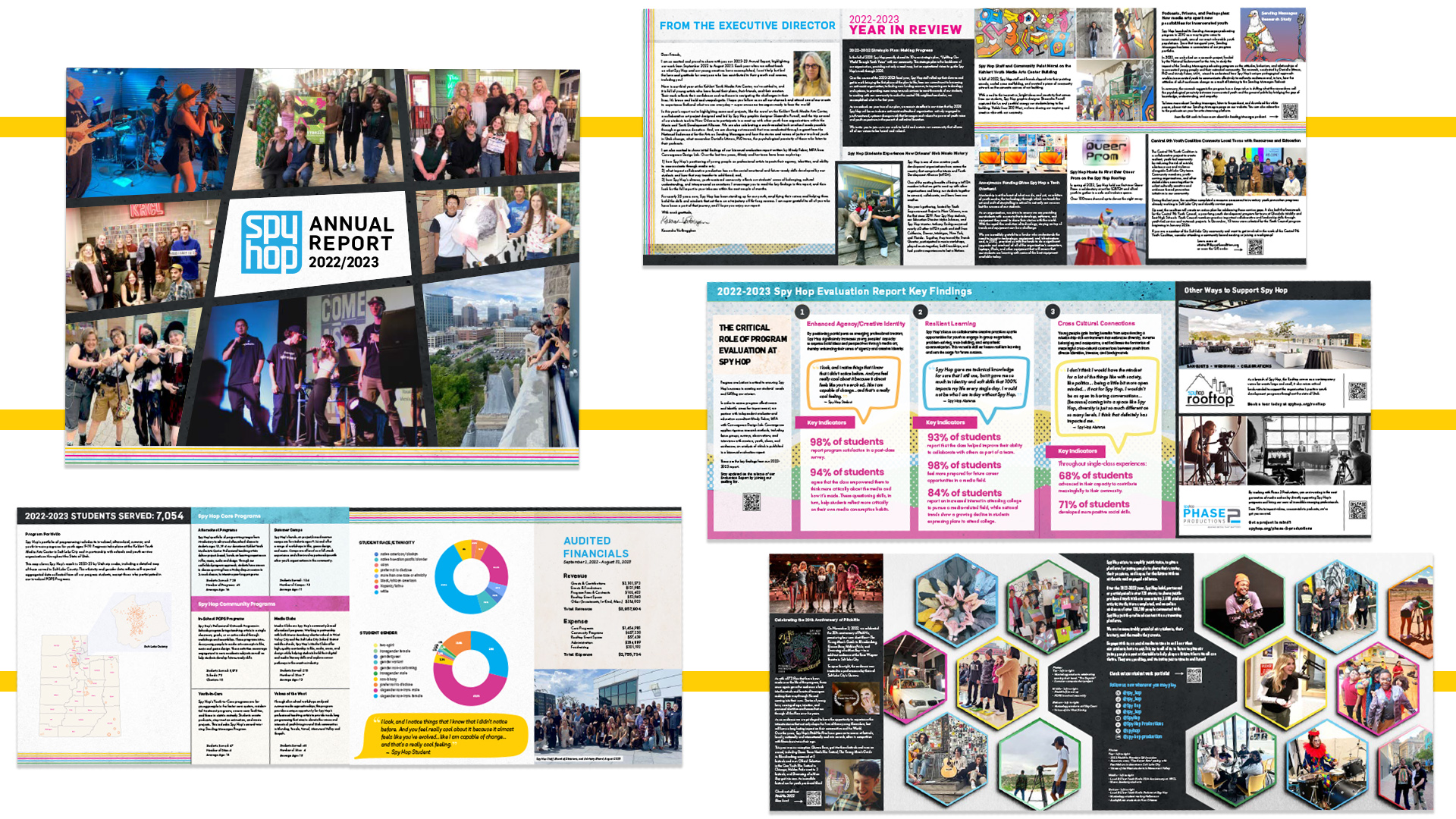 Image shows layouts of Spy Hop Annual Report design.