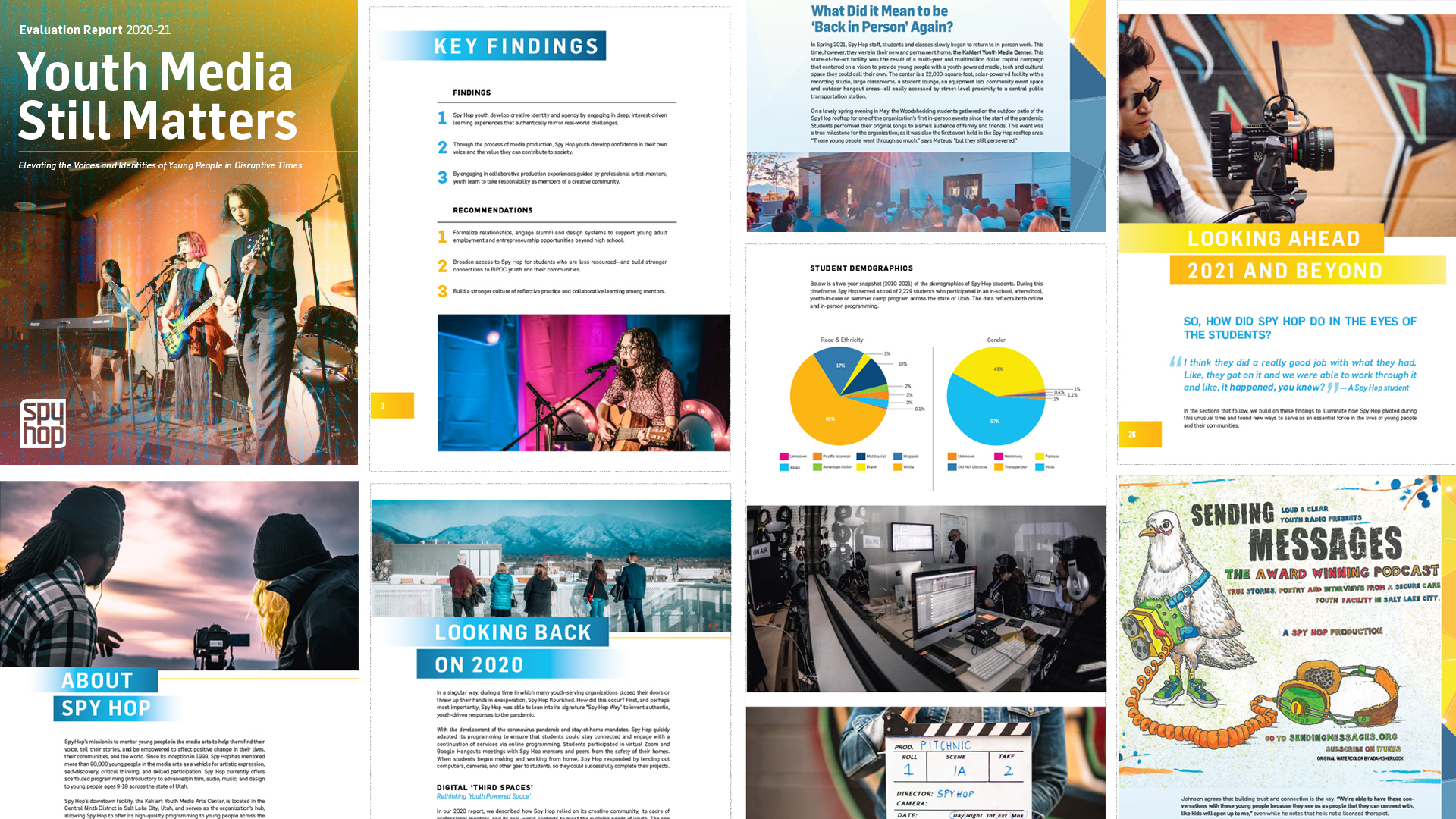 image shows pages of an evaluation report design.