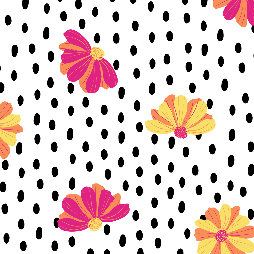 scattered daisy flowers on a black dotted background.