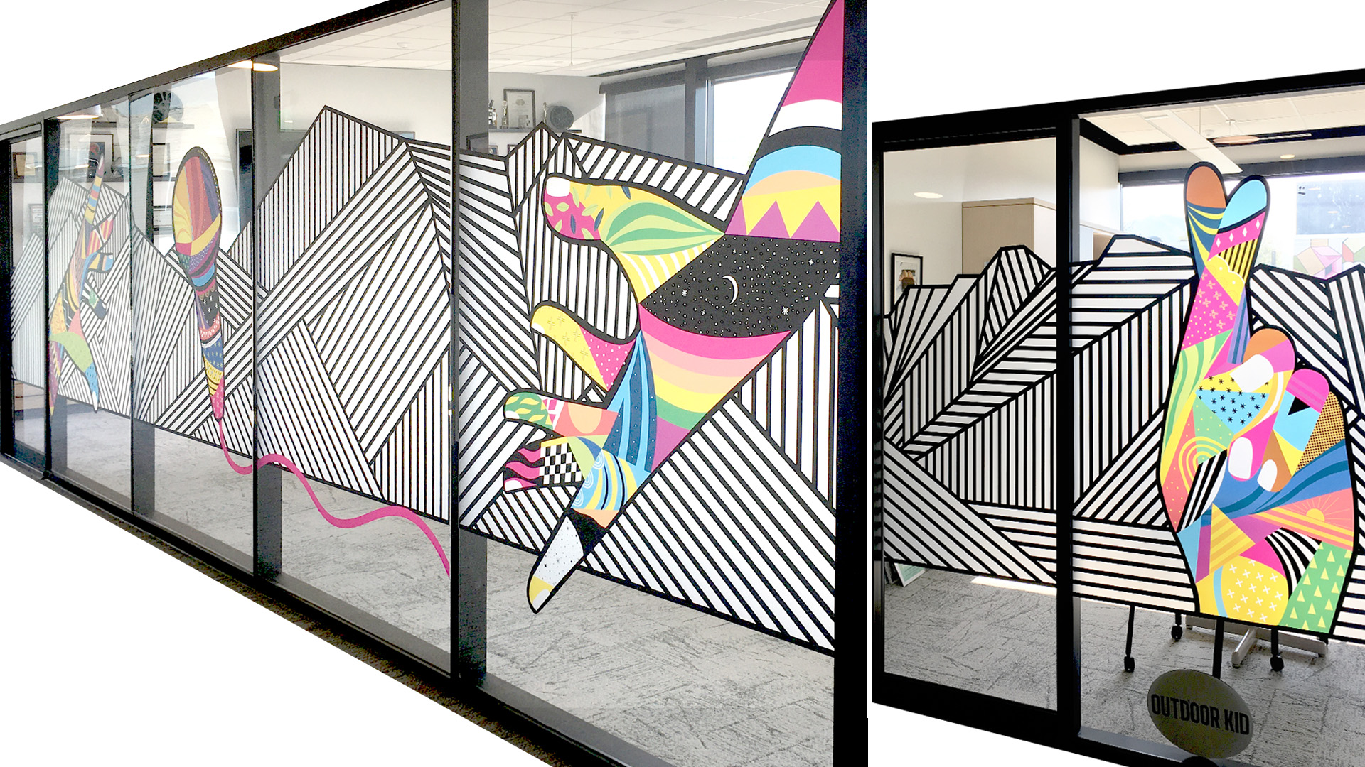 Hallway windows with graphic vinyl.