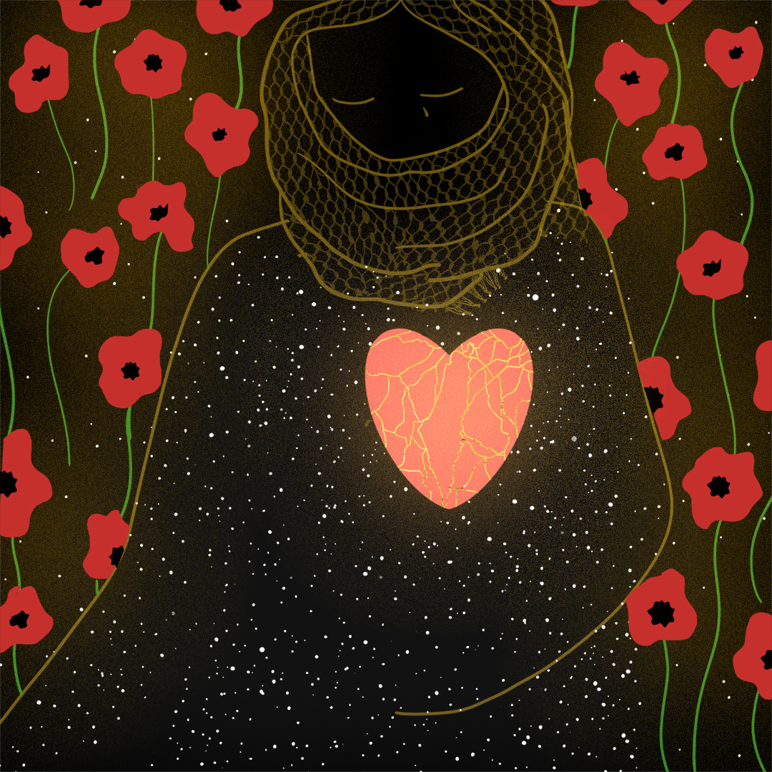 Image shows a silhouette of a woman wearing a kiffeyeh, whose body is made of stars, and whose heart looks like it is broken, with the cracks filled in with gold. Red and black poppies pattern the background. The image is black and conveys how art and politics tell a story.