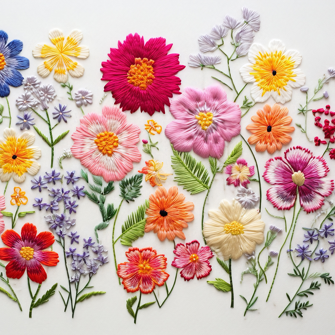 vintage botanical needlepoint art shows a beautiful garden of brightly colored flowers.