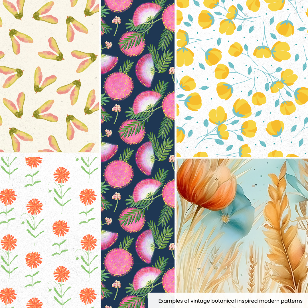 image is a patchwork of 5 different vintage botanical floral art patterns. 