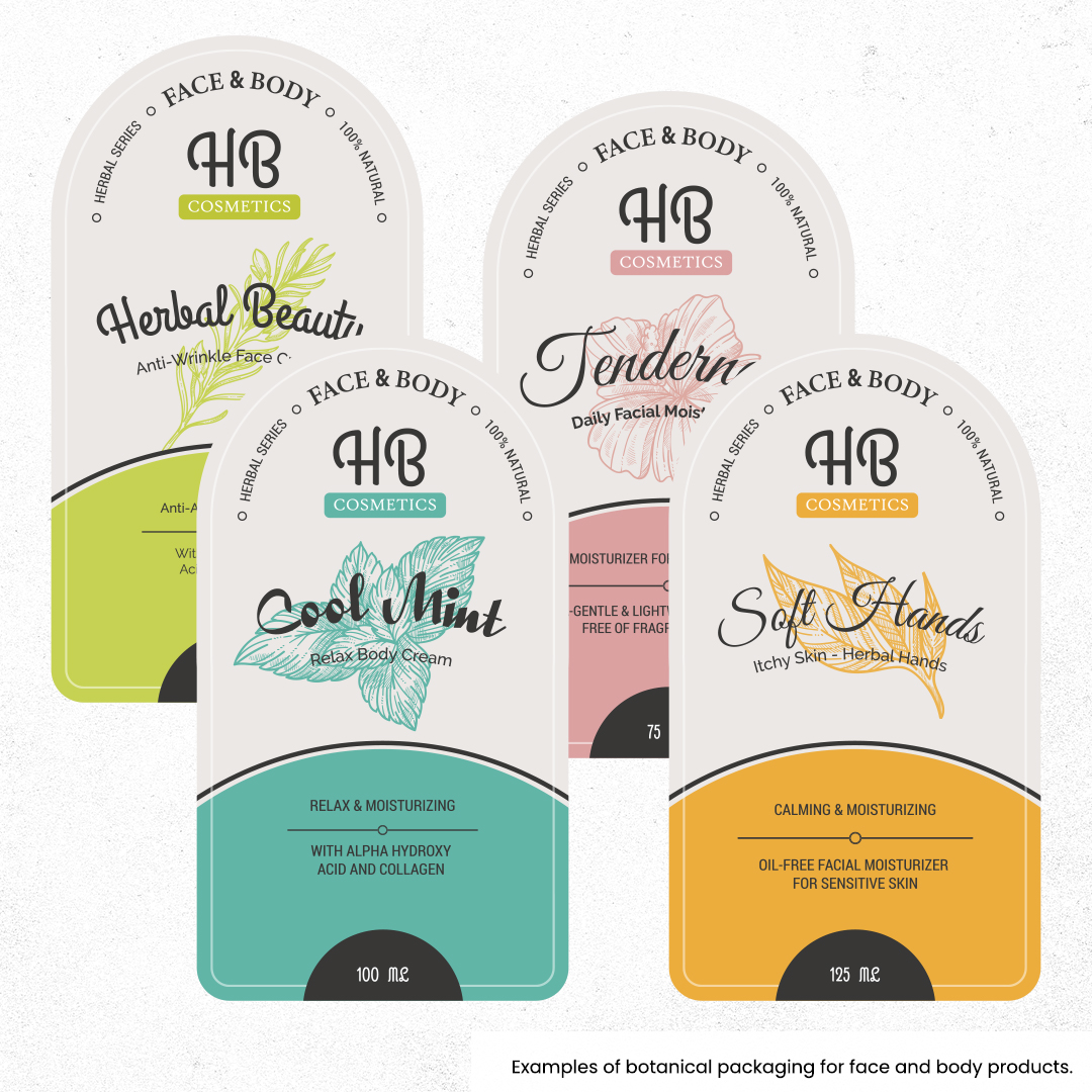 image shows vintage botanicals in the mockup packaging of four skin care products of four different colors. 