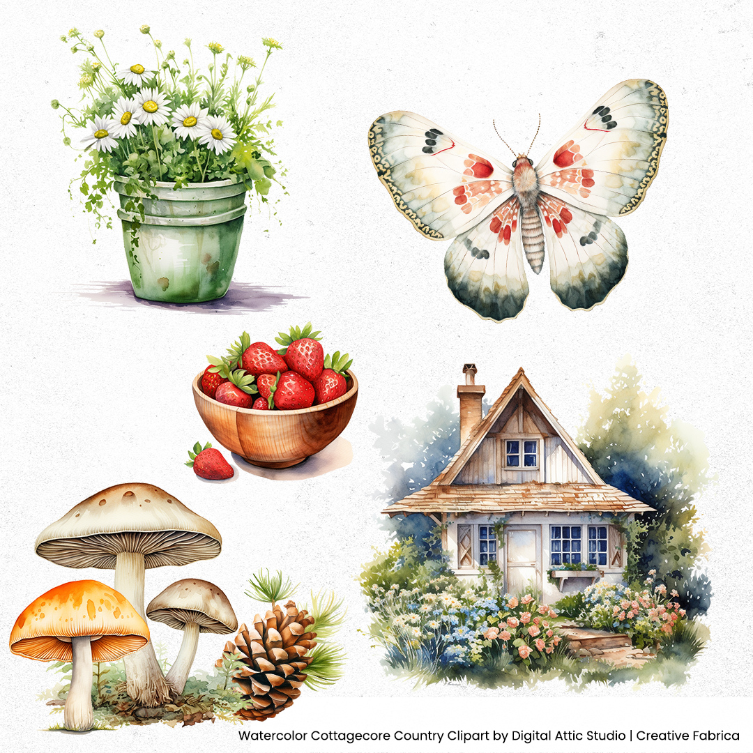 Image shows a series of cottage core elements inspired by a vintage botanical aesthetic.