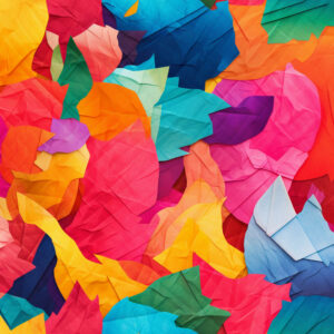 image shows layers of AI generated brightly colored tissue papers overlapping in a colorful rainbow of papers.