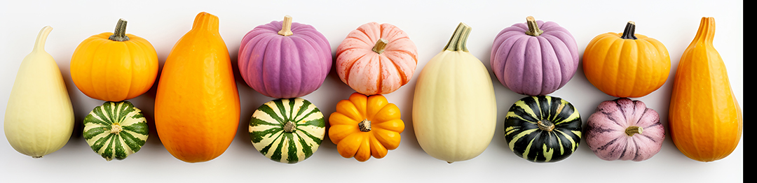 image shows many colored pumpkins and gourds.