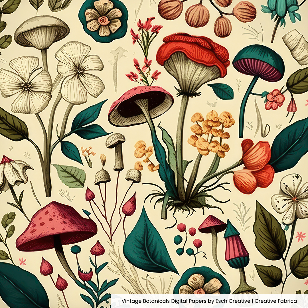 image of a vintage botanical art mushroom pattern.
