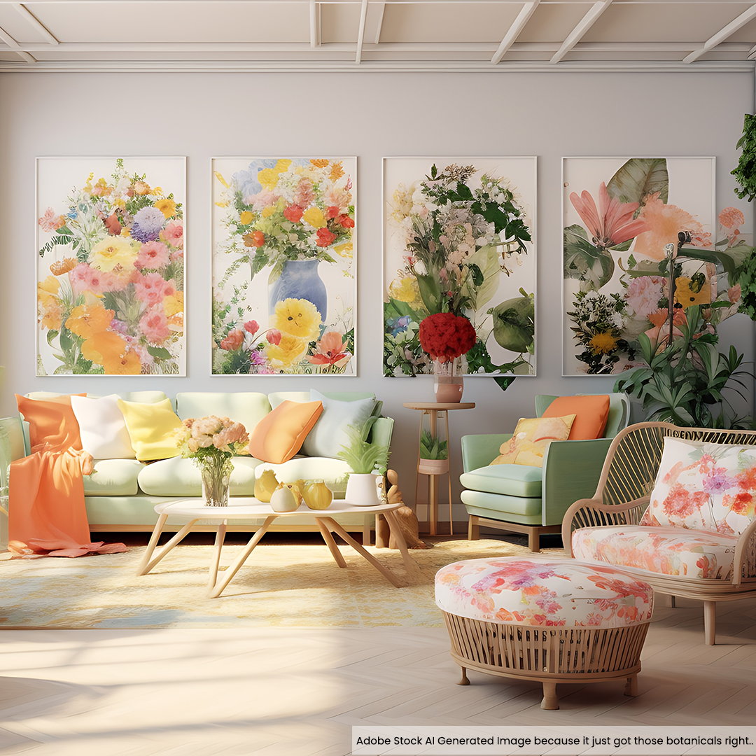 AI generated image of a sunlit living room with a pale green Sophia, a white and red botanical patterned chair and ottoman, and huge botanical paintings on the wall.