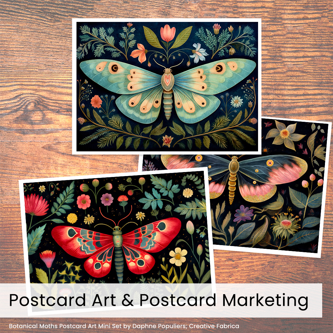 image shows three butterfly postcards and the text "Postcard art & postcard marketing?"