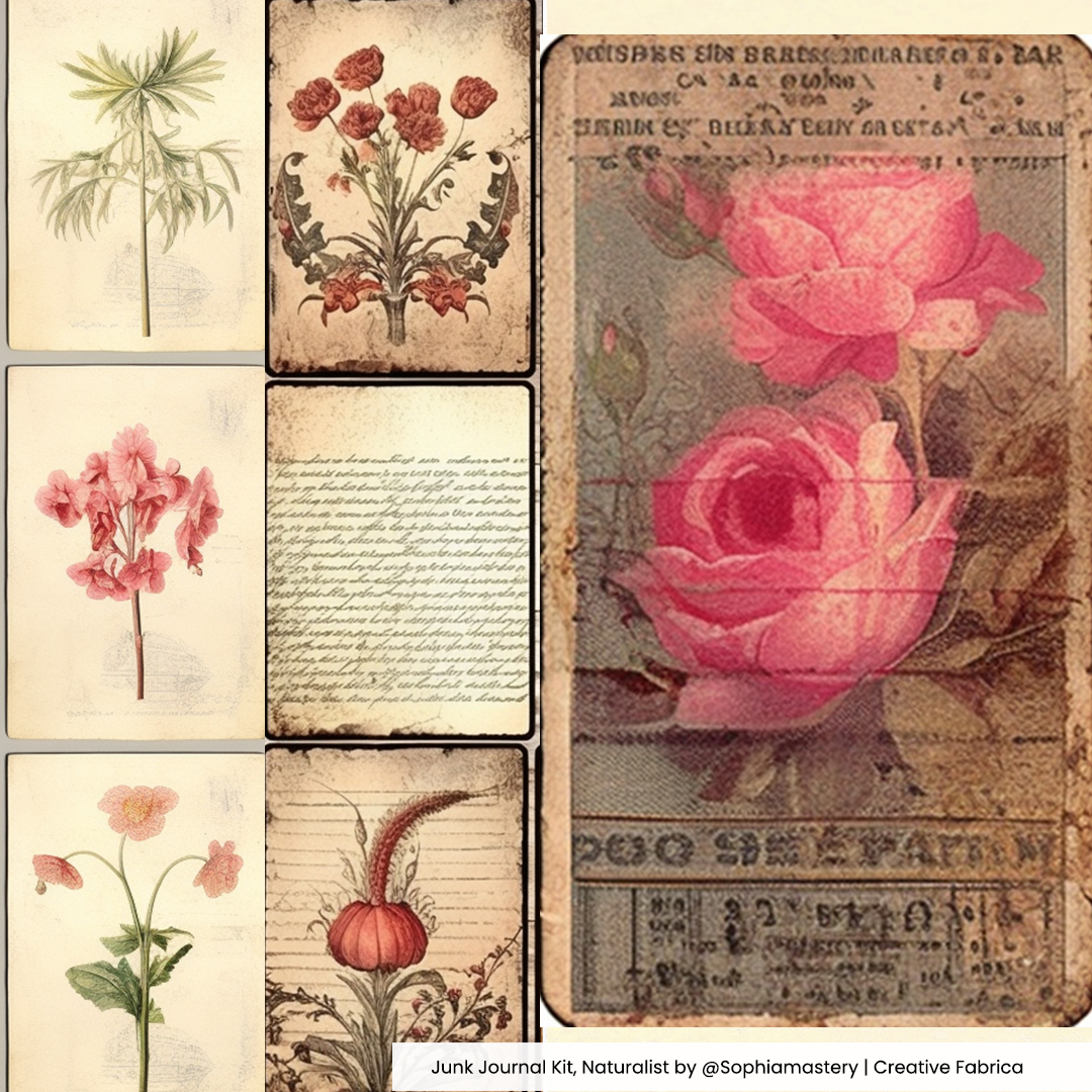 montage of beautiful vintage botanical art post cards and junk journal images. 
