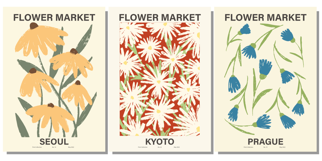 image shows three vintage flower inspired flower market posters - one from Seoul, one from Kyoto and one from Prague.