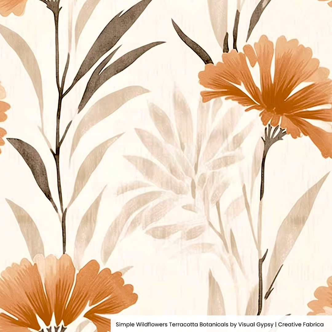 image shows orange, cream and dark brownish green wildflower vintage botanical art pattern.