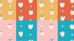 image shows checkered background colored patches with white strawberries.