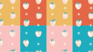 image shows checkered background colored patches with white strawberries.