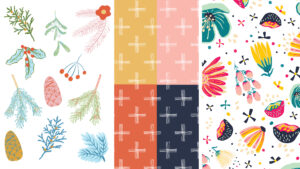 image shows a collage of trending pattern designs like holiday botanicals, blocky coordinating colors, and a floral pattern.