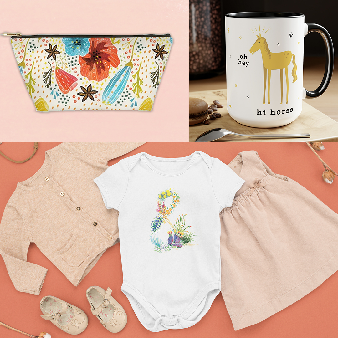 image shows an accessory pouch with poppy pattern, a white mug with a black inside, and a onesie. All of the products show how creating your own products with art is possible.