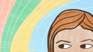 image shows a colorful rainbow background illustration with a face with side eye.